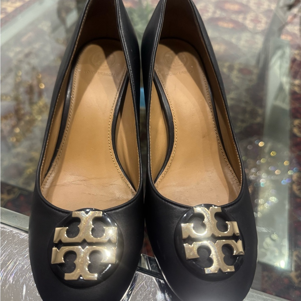 Tory Burch Black Leather Flats with Gold Logo Medallion